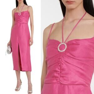 NEW Rasario Dress Pink Linen Crystal Buckle Midi Cocktail Shift‎ Dress Size US 4